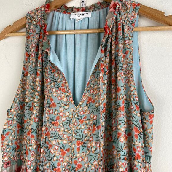 Allison Floral Maxi Dress Size Medium Turquoise Pink Sleeveless Tiered Peasant - Picture 3 of 12
